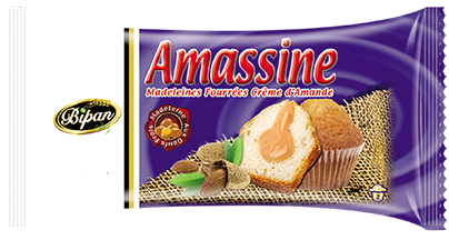                      Amassine : Madeleines fourrées à la crème d'amande ( Poids Net : 50g / 24 Sachets par carton )