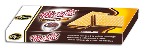            Marita chocolat : Gaufrette fourrée arôme de chocolat ( Poids Net : 130g / 20 Sachets par carton )