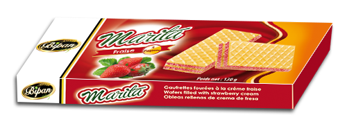            Marita fraise : Gaufrette fourrée arôme de fraise ( Poids Net : 130g / 20 Sachets par carton )
