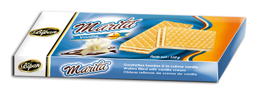             Marita vanille : Gaufrette fourrée arôme de vanille  ( Poids Net : 130g / 20 Sachets par carton )
