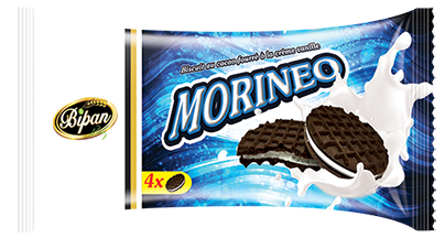 Morineo : 4 biscuits au cacao fourrés à la crème vanille ( Poids Net : 38g / 36 Sachets par carton )