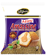            Mini Amassine : Madeleine fourrée à la crème d'amande ( Poids Net : 25g / 40 Sachets par carton )