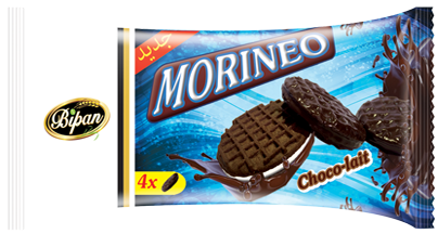 Morineo enrobé : 4 biscuits  enrobés à la crème cacao ( Poids Net : 54g / 36 Sachets par carton )