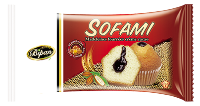                  Sofami : Madeleines fourrées à la crème cacao ( Poids Net : 50g / 24 Sachets par carton )