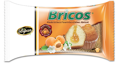                  Bricos : Madeleines fourrées à la crème d'abricot ( Poids Net : 50g / 24 Sachets par carton )